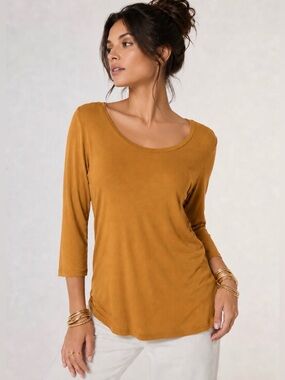 Cable & Gauge Mustard Yellow Soft Knit Scoop Neck 3/4 Sleeve Top Size Large NWT